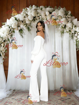 White Off the Shoulder Long Sleeve Jumpersuit