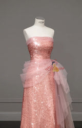 Pink Mermaid Sequins Strapless Prom Dress