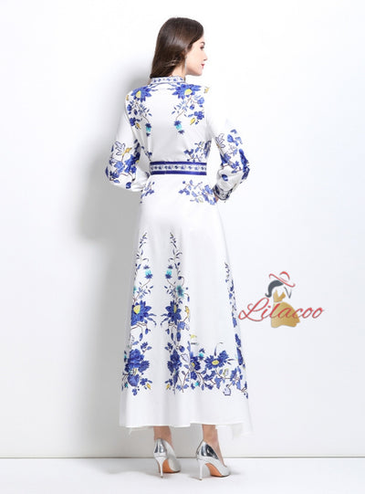 Palace Style Retro Breasted Printed Dress