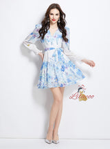 Deep V-neck Ribbon Printed Ruffled Dress