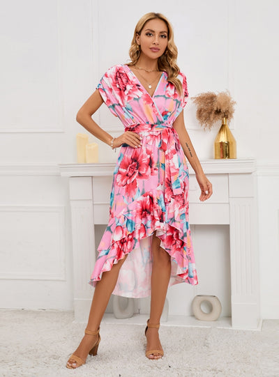 V-neck Bat Sleeve Printed Dress