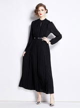 Belt Lace Long Round Neck Long Sleeve Dress