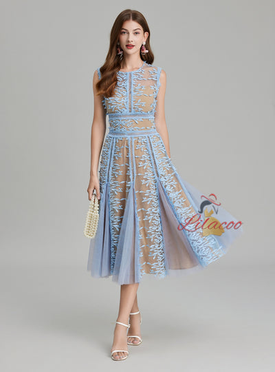 Round Neck Sleeveless Lace Gauze Dress