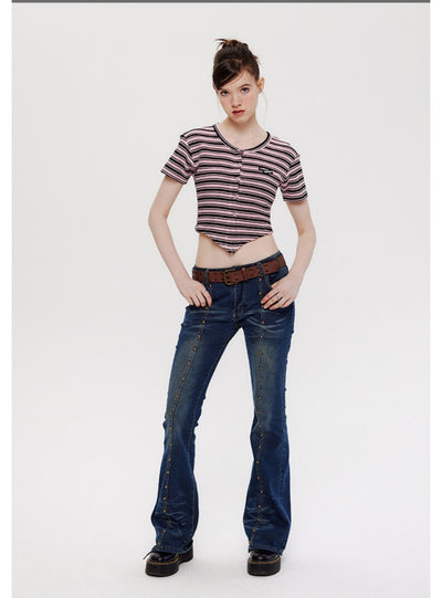 Short-sleeved Irregular V-neck Striped T-shirt