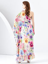 One-shoulder Wooden Ear Wide Swing Printed Dress
