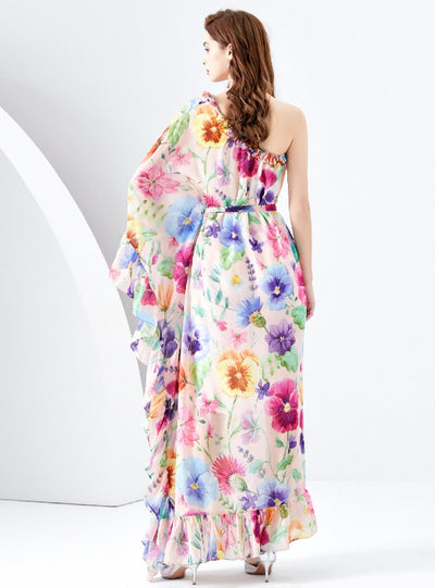 One-shoulder Wooden Ear Wide Swing Printed Dress