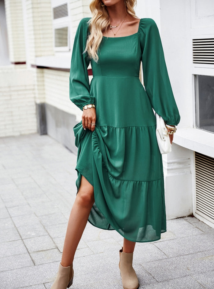 Solid Color Square Collar Long Sleeve Dress
