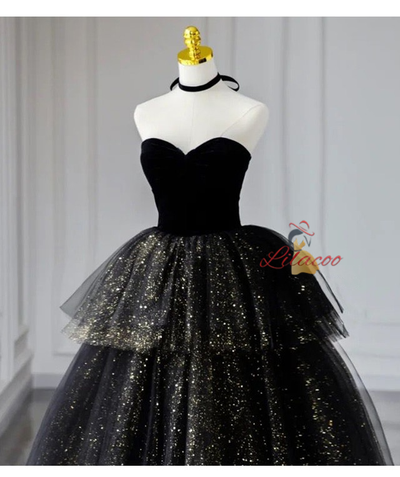 Black Tulle Sequins Strapless Tiers Prom Dress
