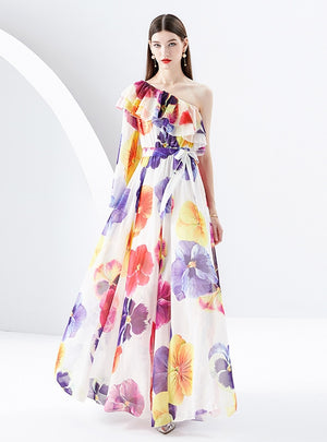 One Shouldered Chiffon Floral Dress