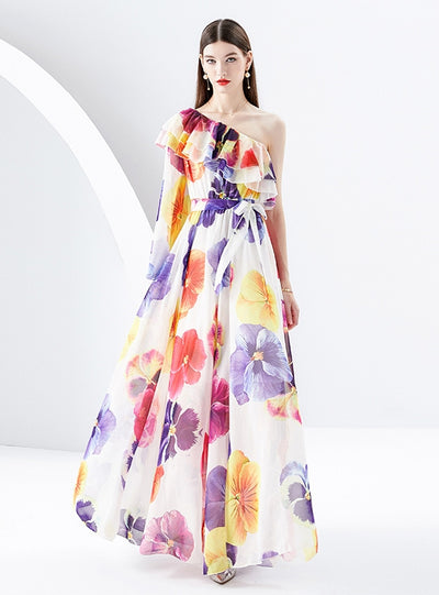 One Shouldered Chiffon Floral Dress