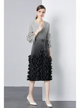 Folding Wooden Ear Ruffled Slim V-neck Gradient Dress