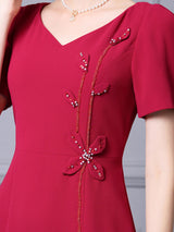 Burgundy Beading V-neck Mother Of The Bride Dress