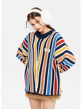 Colored Striped Loose Round Neck Sweater