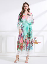 V-neck Long Sleeve Lace Print Suit Dress