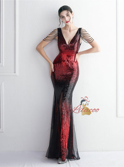 Sequins Tulle V-neck Split Prom Dress