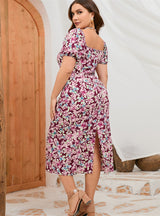 Plus Size Bubble Sleeve Printed Dress