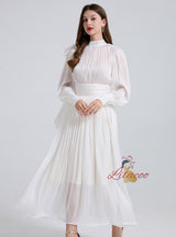 Pleated Silm Waist Long Bubble Sleeve Dress