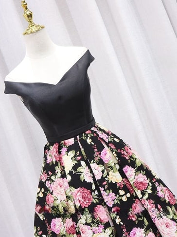 A-Line Black Satin Print Homecoming Dress