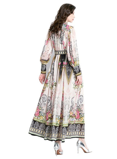 Retro Long Sleeve Print Long Dress