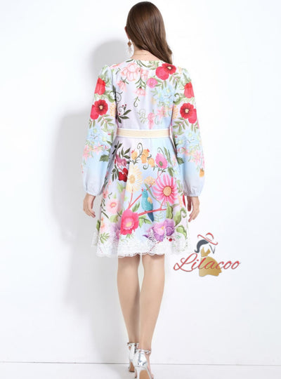 V-neck Single-breasted Printed Short Dress