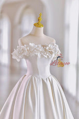 White Satin Off the Shoulder 3D Flower Wedding Dress