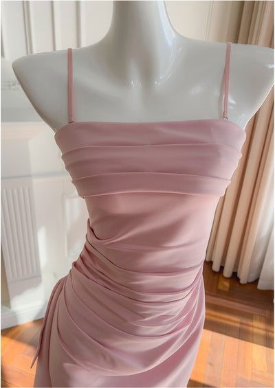 Pink Straps Pleats Prom Dress