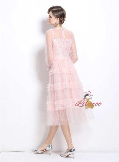 Mesh Stitching Long Sleeve Dress