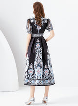 V-neck Lantern Sleeve Long Printed Dress