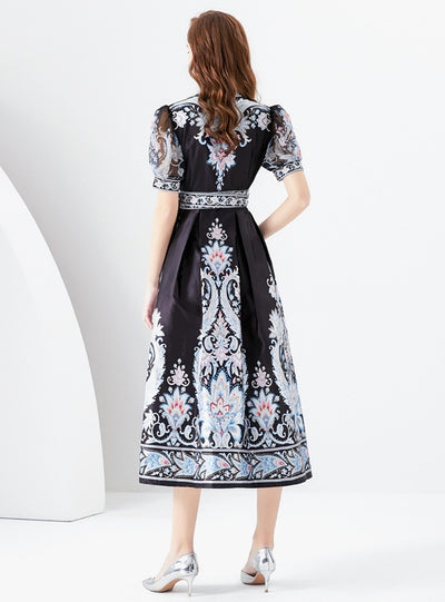 V-neck Lantern Sleeve Long Printed Dress