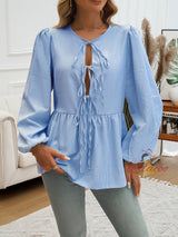 Casual Loose Striped Lantern Sleeve Lace-up Shirt