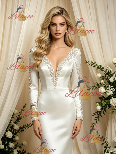 Ivory Mermaid Satin Long Sleeve Wedding Dress