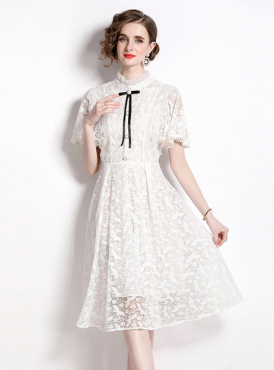 White Lace Slim Short Sleeve Dress