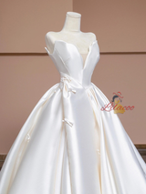 Simple Ivory White Satin Strapless Bow Wedding Dress