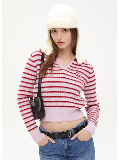 Pink Striped V-neck Lapel Top