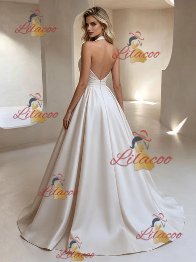 Ivory Satin V-neck Pleats Wedding Dress