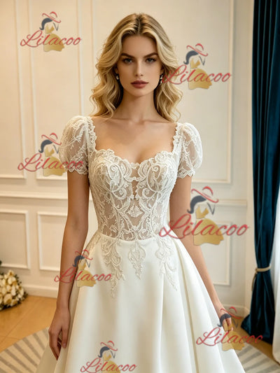 Beige White Satin Short Sleeve Lace Wedding Dress