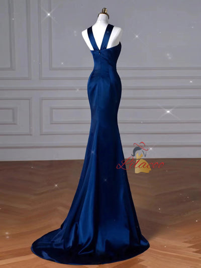 Simple Navy Blue Mermaid Satin Prom Dress