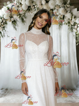 White Sequins Long Sleeve High Neck Wedding Dress