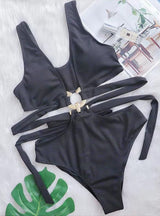 Deep V-neck Metal Strap High Waist Swimsuit