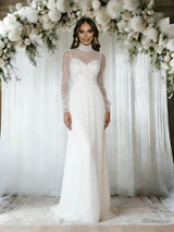 White Sequins Long Sleeve High Neck Wedding Dress