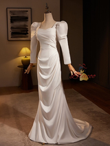 White Mermaid Satin Long Sleeve Wedding Dress