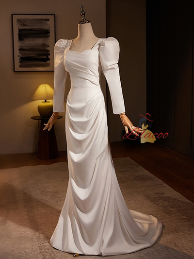 White Mermaid Satin Long Sleeve Wedding Dress