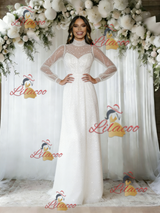 White Sequins Long Sleeve High Neck Wedding Dress