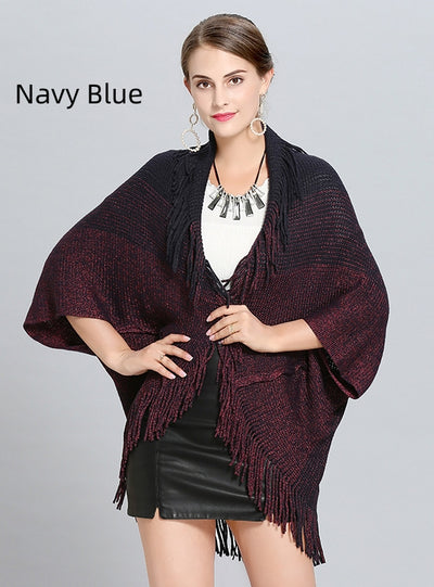 Loose Striped Fringed Cardigan Shawl Cloak