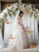 White Tulle Off the Shoulder Print Wedding Dress