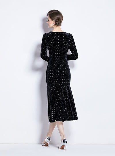 Retro Polka-dot Velvet Dress