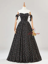 A-Line Black Spaghetti Straps Print Beading Prom Dress