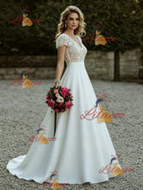 White Satin Cap Sleeve V-neck Wedding Dress