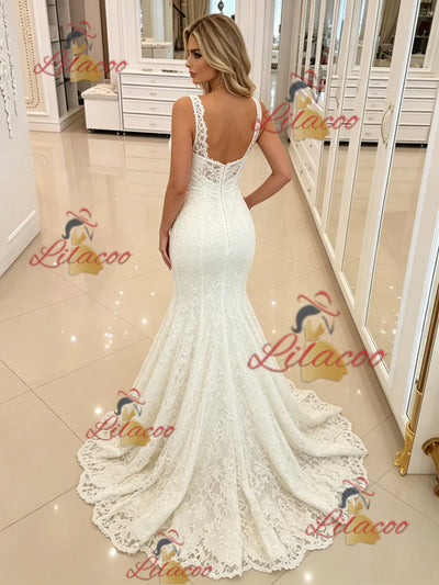 White Mermaid Lace Straps Wedding Dress