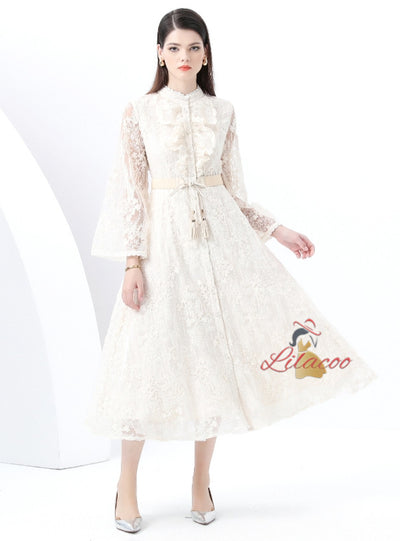 Retro Long Sleeve Lace Long Dress